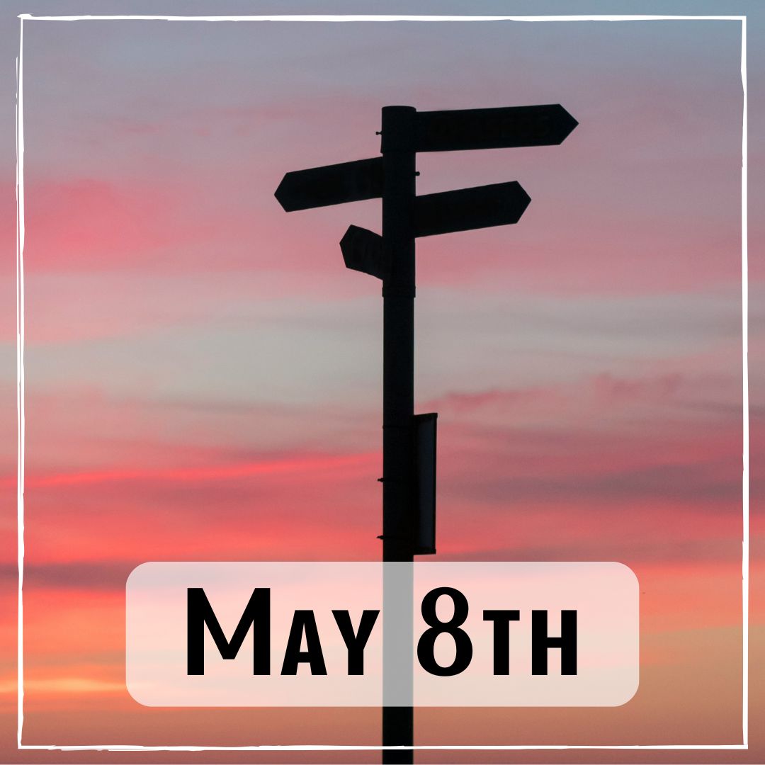 May 8th - a sign post with a sunset in the background