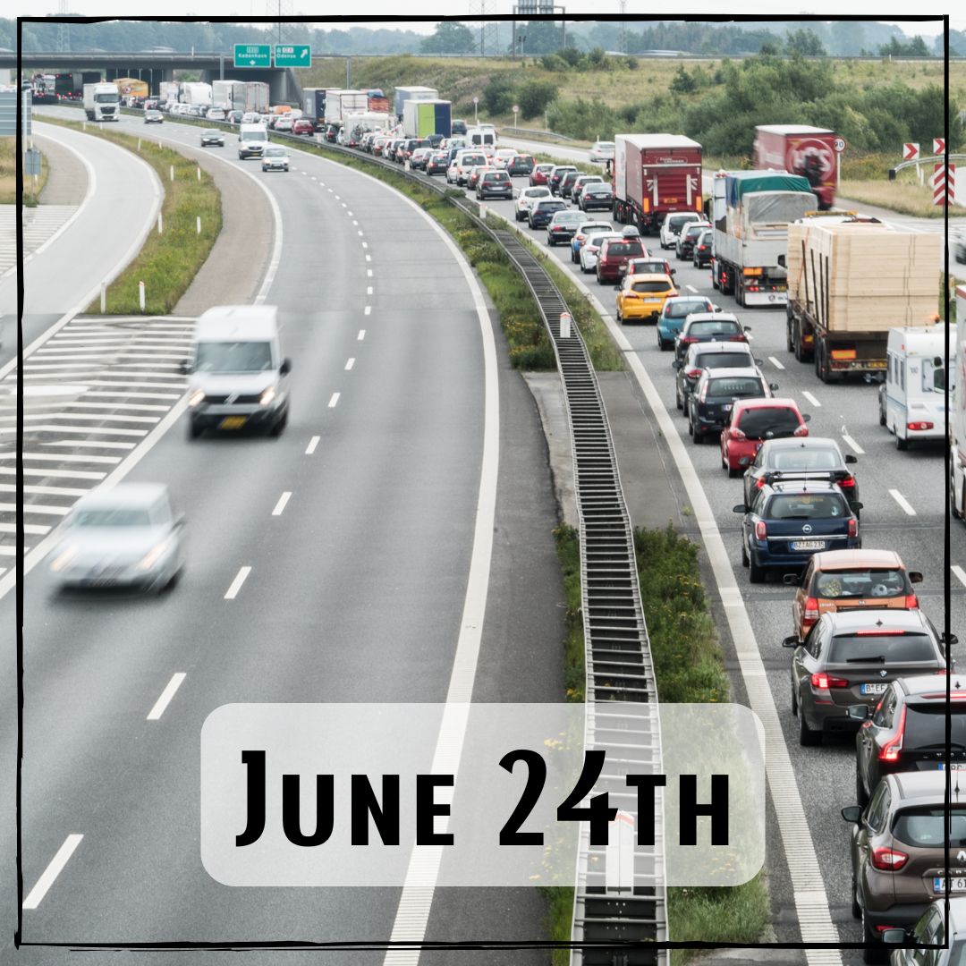 June 24th - a freeway with one side filled with traffic and one side with only a few cars