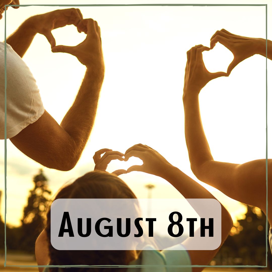 August 8th - two people and a child holding their hands in heart shapes with a sunrise in the background