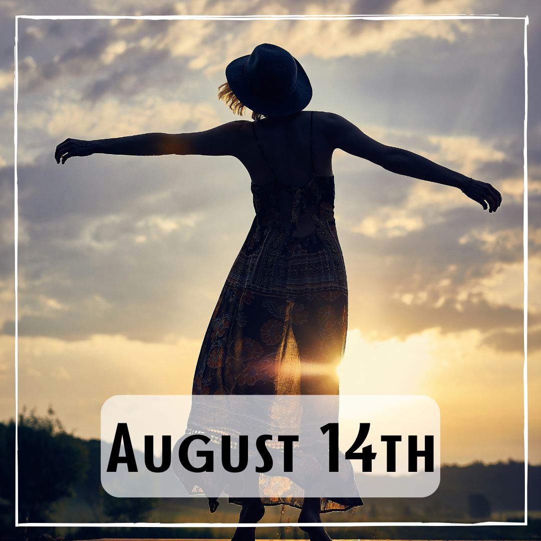 August 14th - a sunset background with a person dancing in a field