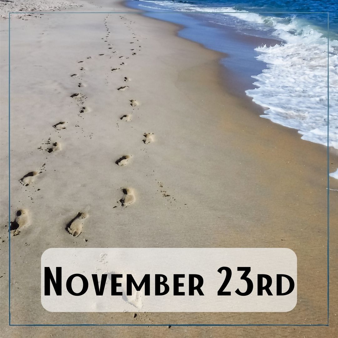 November 23rd - two sets of foot prints on the beach at the water's edge