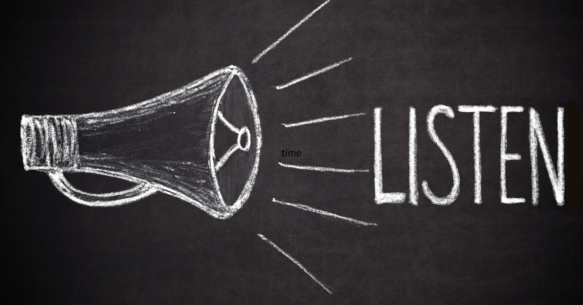 A drawing of a megaphone and the words "listen"