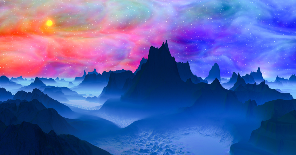 An ominous black mountain which overshadows a foggy, dim and dark blue sea of mist. Colors in the sky are a bright, wild assortment of colors.