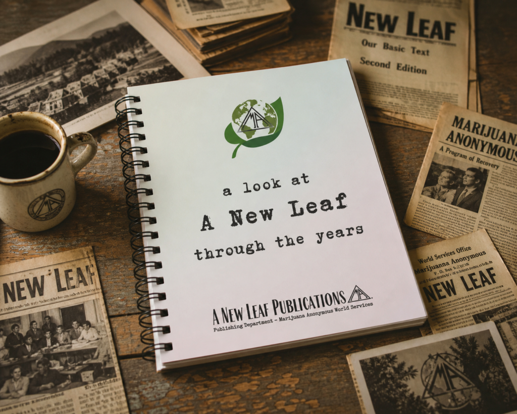 A Look at a New Leaf Through the Years book on a table surrounded with newspaper clippings.