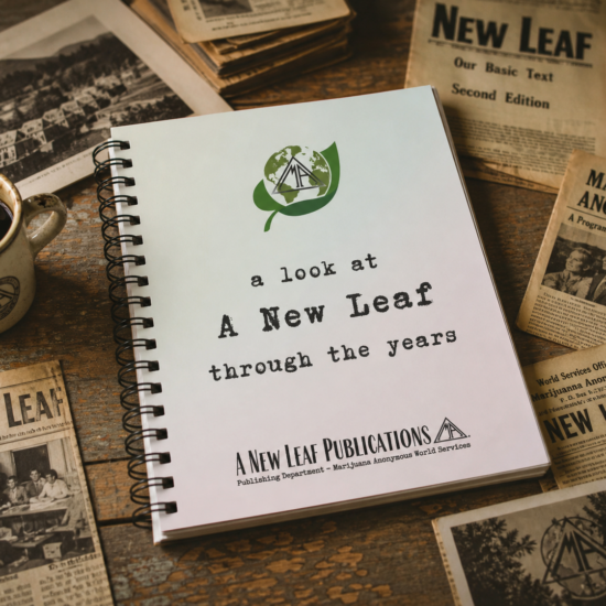 A Look at a New Leaf Through the Years book on a table surrounded with newspaper clippings.