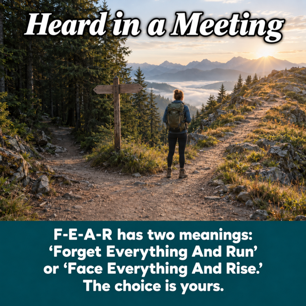 Heard in a Meeting: "F-E-A-R has two meanings: ‘Forget Everything And Run’ or ‘Face Everything And Rise.’ The choice is yours." Image: a hiker stands at a fork in a mountain trail at sunrise, between a path into dark forest and a path up a sunlit ridge.