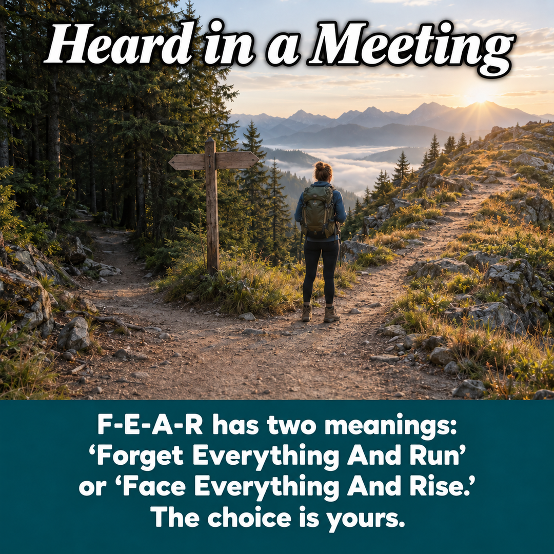 Heard in a Meeting: "F-E-A-R has two meanings: ‘Forget Everything And Run’ or ‘Face Everything And Rise.’ The choice is yours." Image: a hiker stands at a fork in a mountain trail at sunrise, between a path into dark forest and a path up a sunlit ridge.