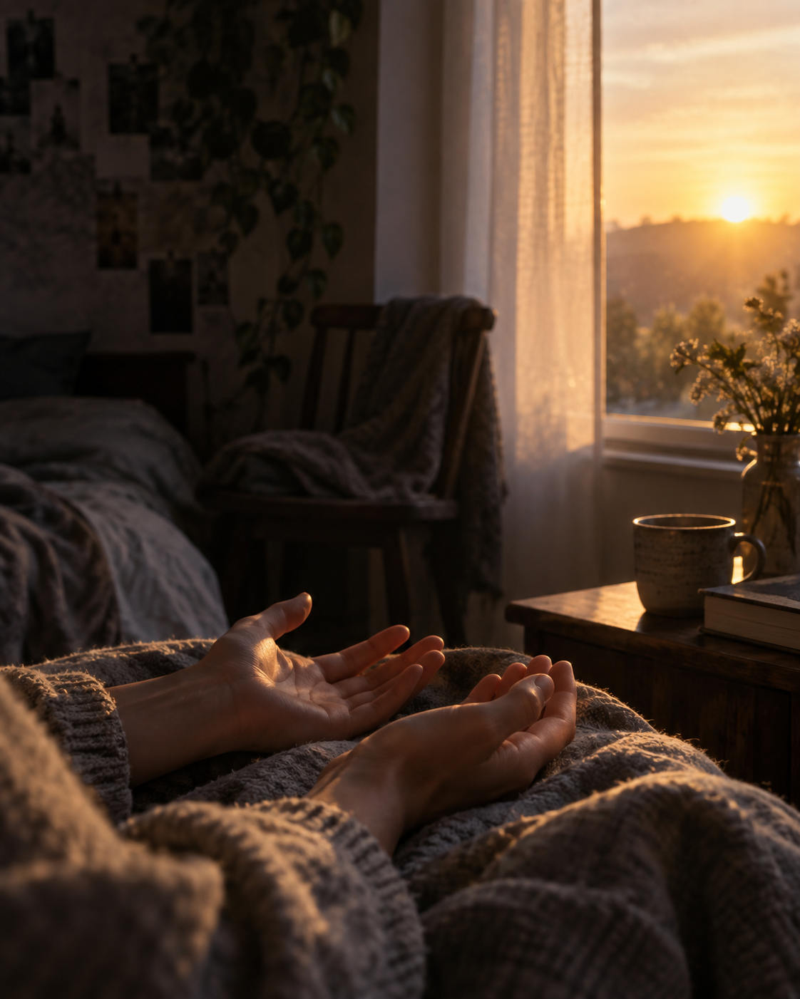 Hands resting palms-up on a knit blanket in a dim bedroom as the sun rises outside the window