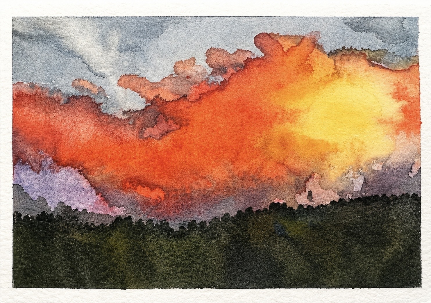 Watercolor painting of a sunset sky, with glowing orange and yellow clouds over a dark green treeline