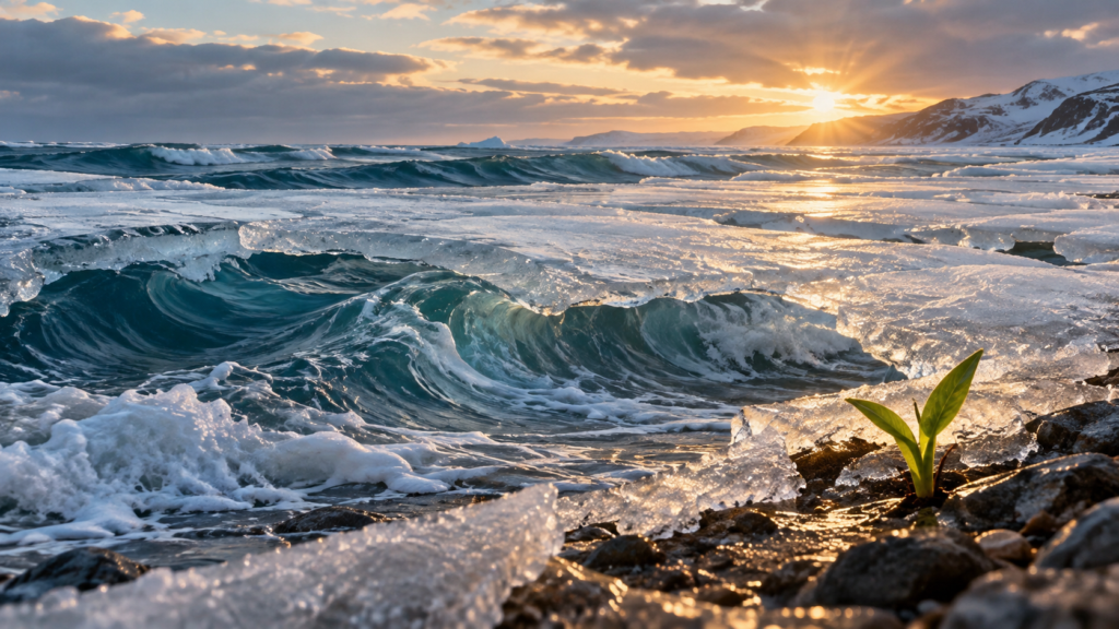 Coastline with waves and a sprouting plant